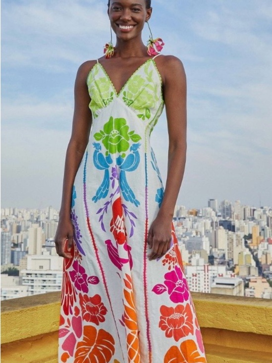 FARM Rio Dresses & Skirts - FARM Rio White Maxi Dress with Green Bodice and Multicolor Floral Motifs